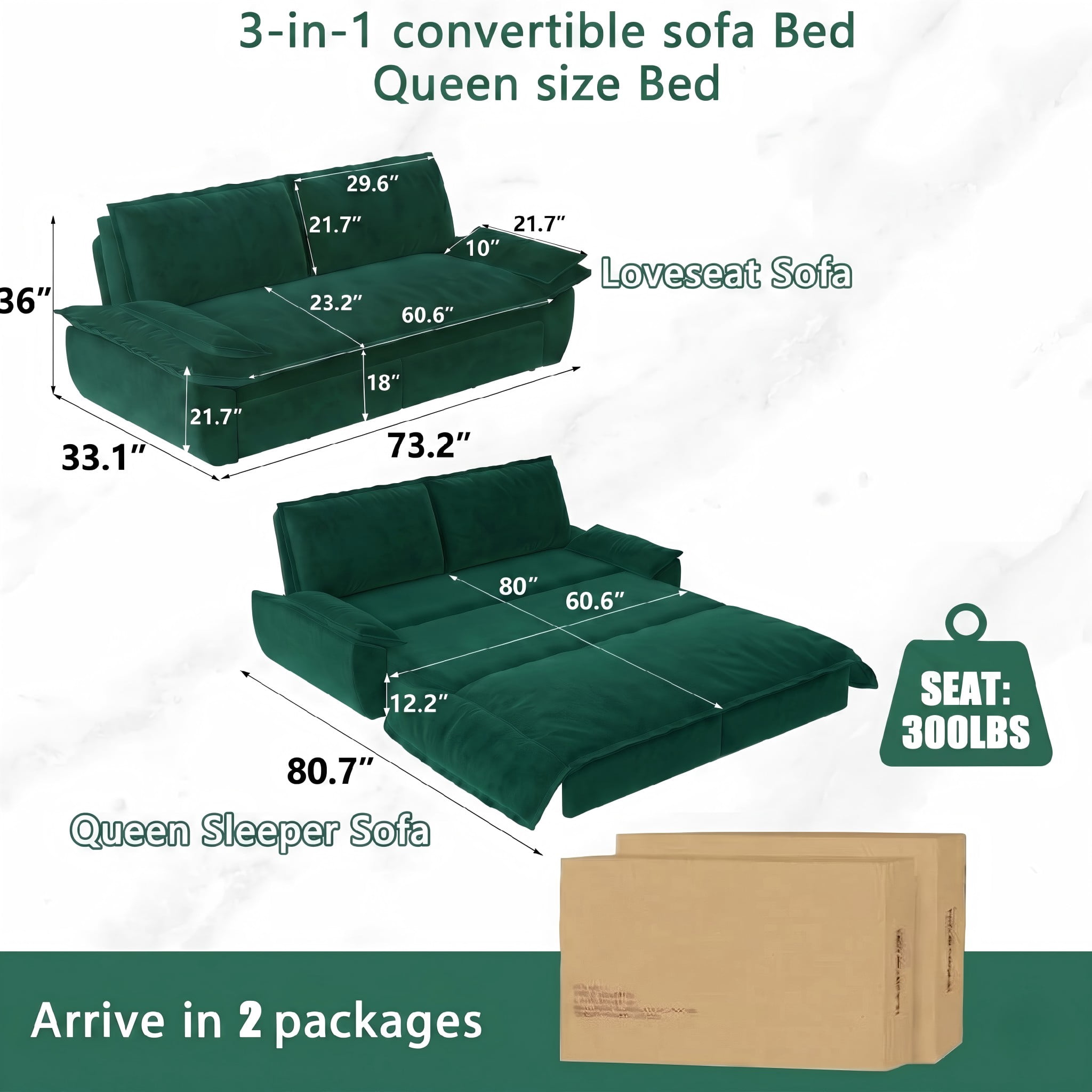 Multi-Functional Velvet 3-in-1 Convertible Sofa Bed, Queen Size Sleeper Loveseat with 2 Pillows, Green