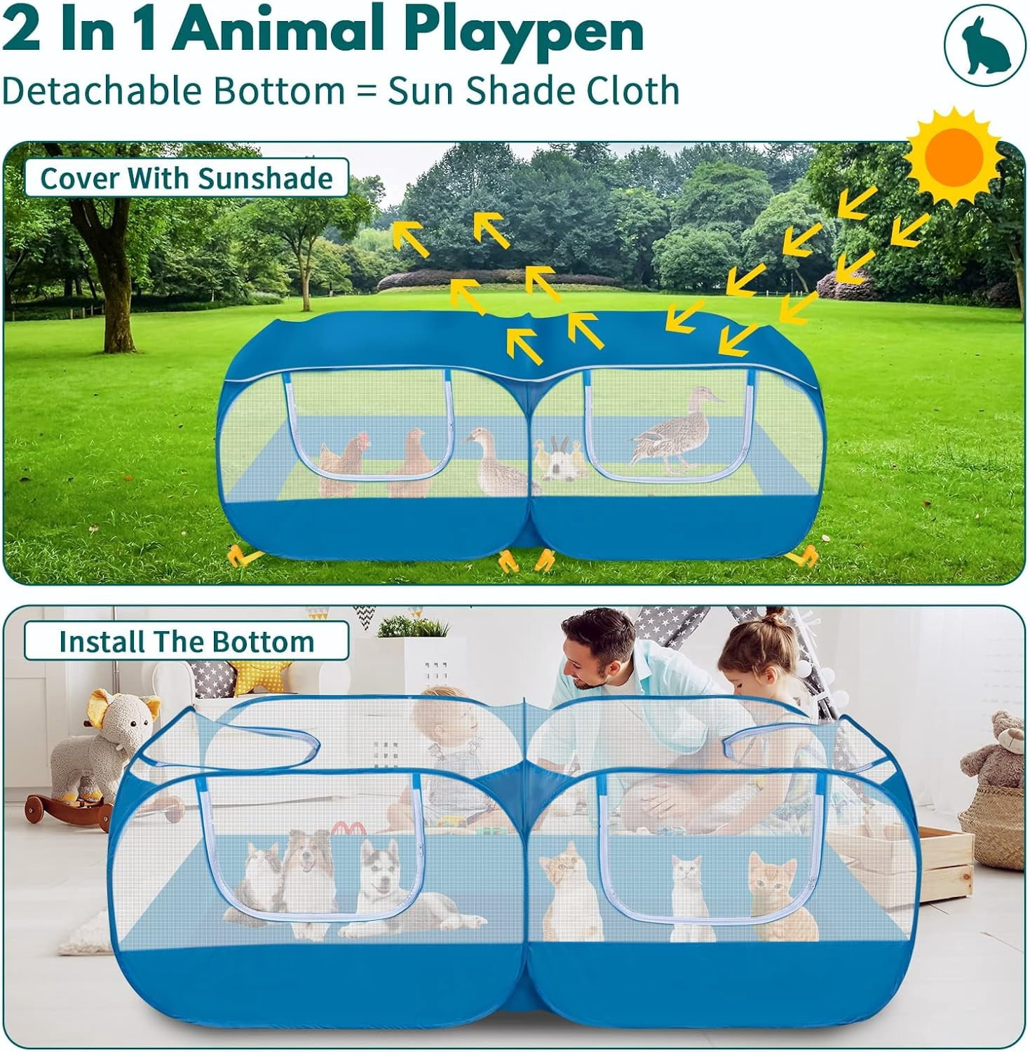 73" Large Small Animal Playpen with Detachable Bottom, Portable Chicken Coop Run and Chick Brooder, Pop Up Pet Enclosure Tent for Guinea Pigs, Bunnies, Puppies, Cats, Indoor/Outdoor Exercise Pen