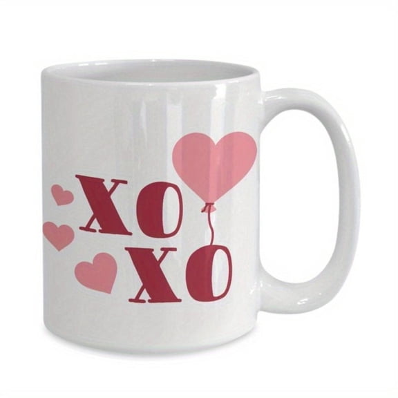 1pc XOXO Heart Balloon Ceramic Coffee Mug 11oz White Porcelain Cup with Red Pink Hearts Design Funny Novelty Mom Dad Men Women