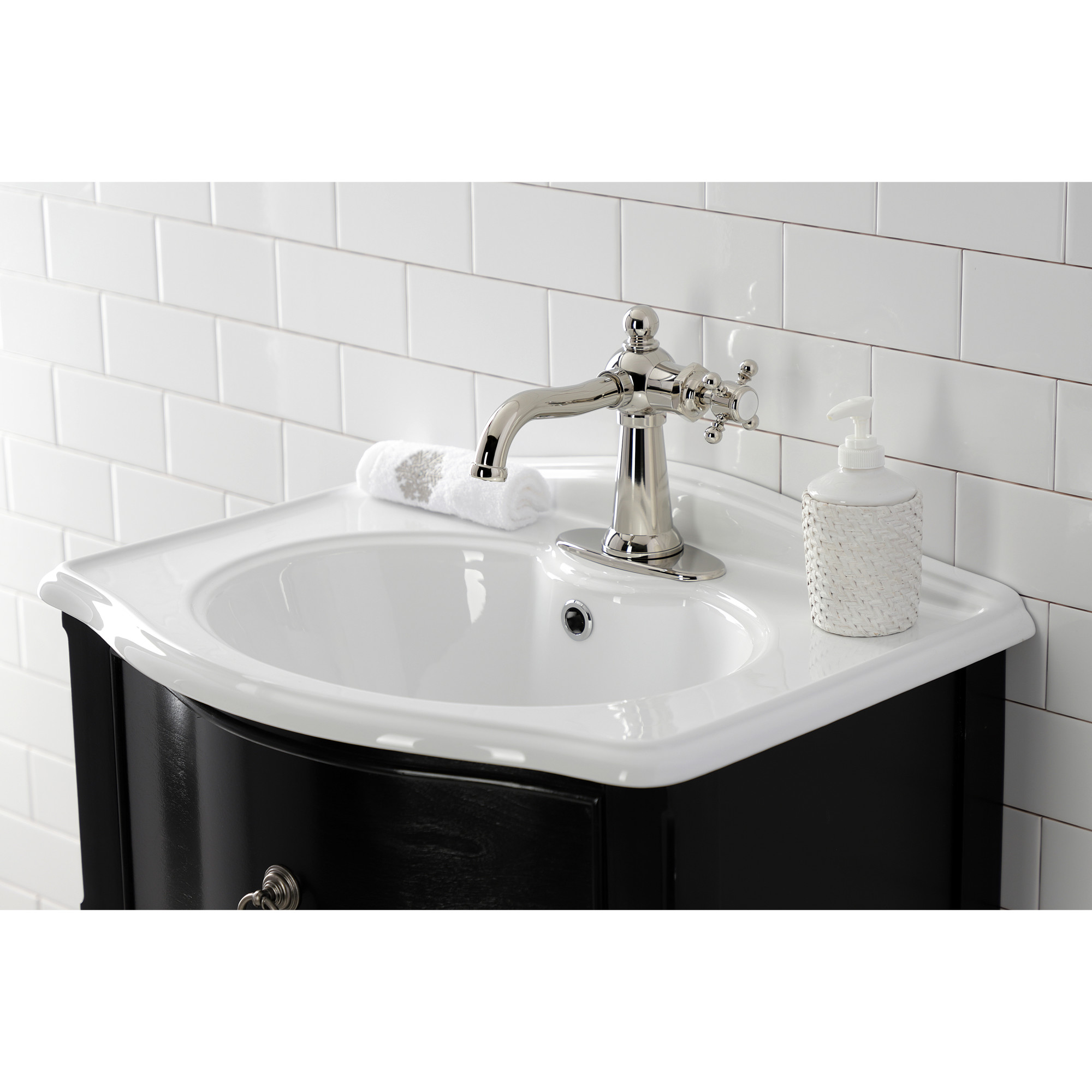 Kingston Brass KSD154BXPN Nautical One-Handle Single-Hole Bathroom Faucet with Deck Plate and Push Pop-Up Drain, Polished Nickel