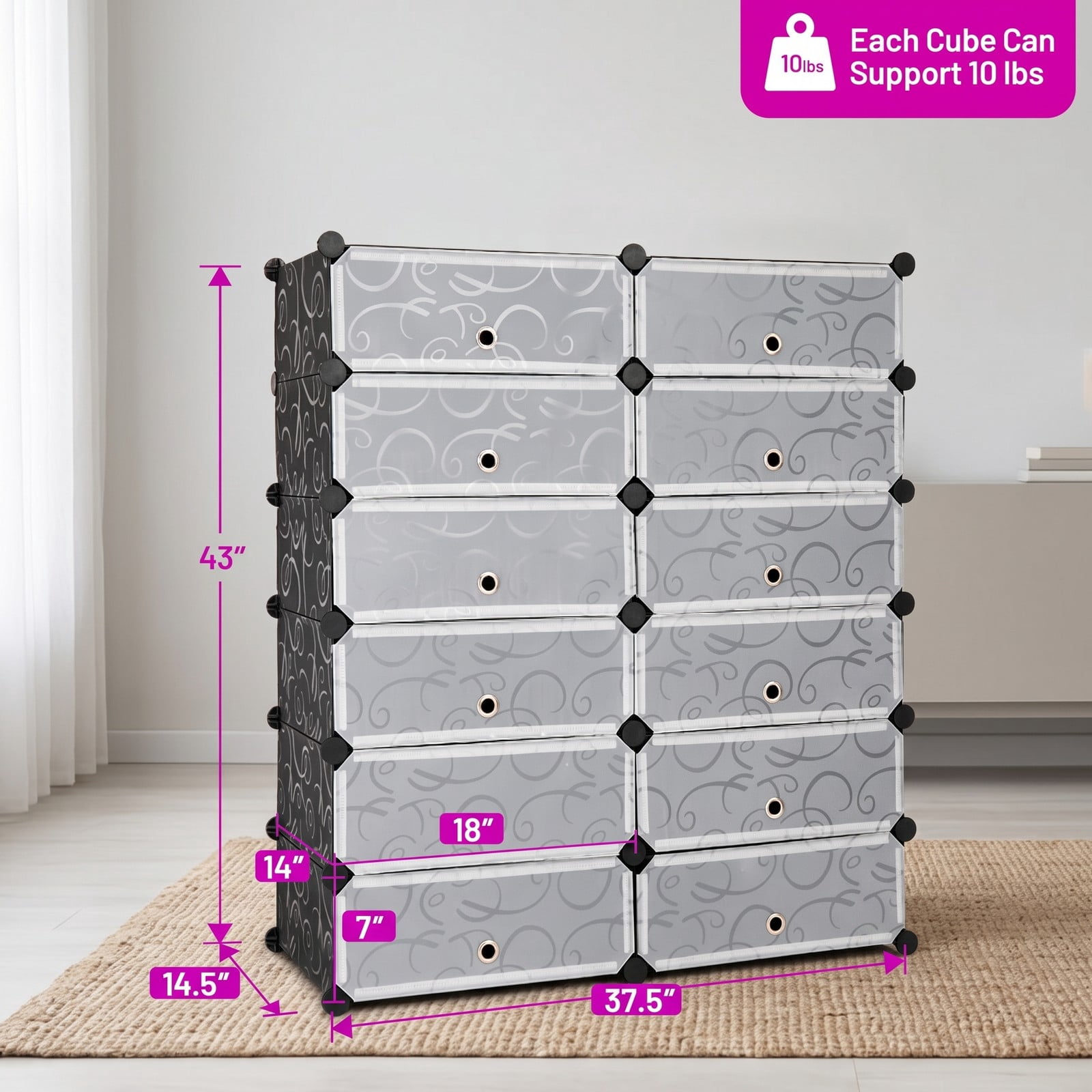 Furnibear 12-Cube DIY Shoe Rack Cabinet with Transparent Flip Doors and Ventilation Holes for Entryway Closet and Bedroom Storage, White