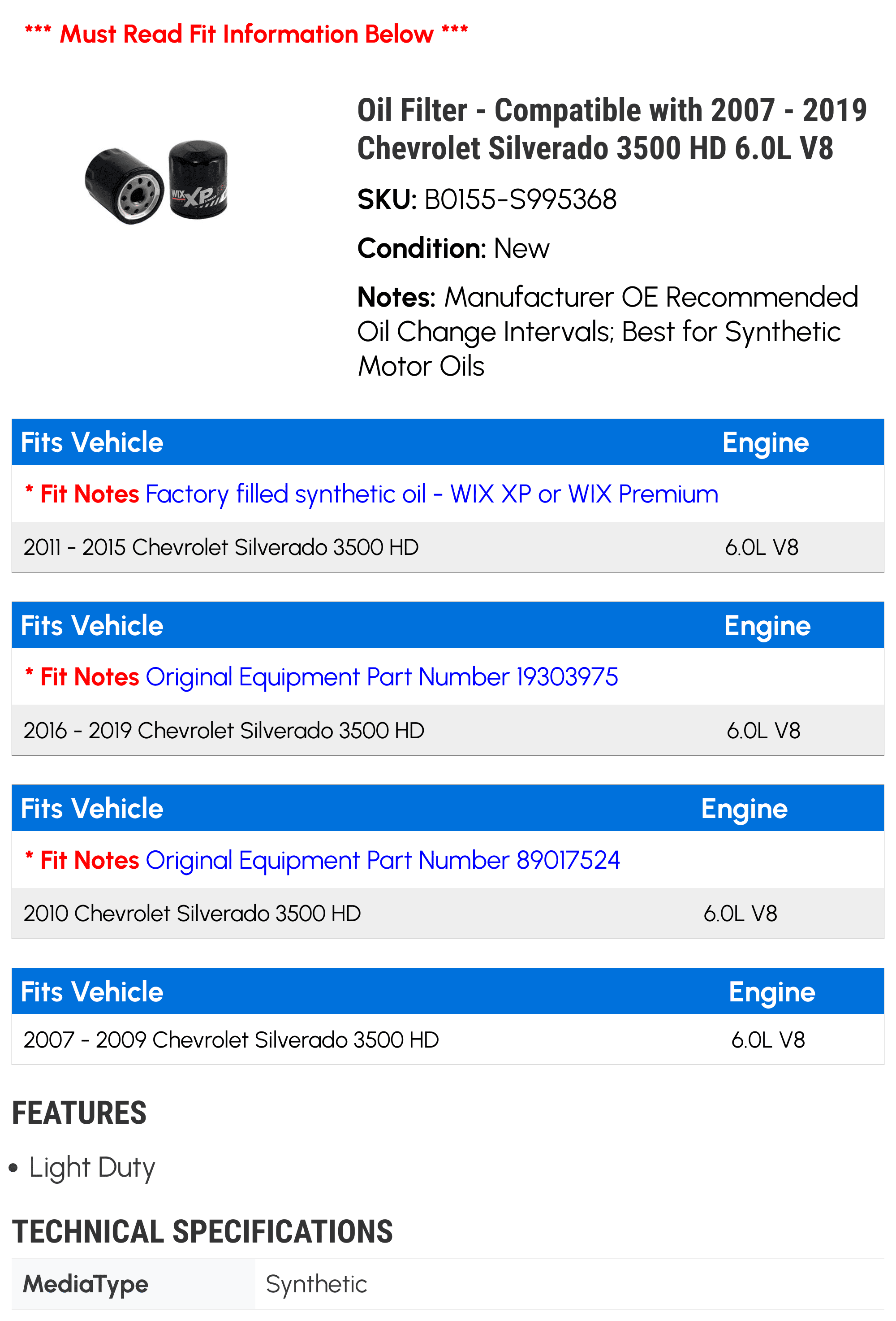 Oil Filter - Compatible with 2007 - 2019 Chevy Silverado 3500 HD 6.0L V8 2008 2009 2010 2011 2012 2013 2014 2015 2016 2017 2018