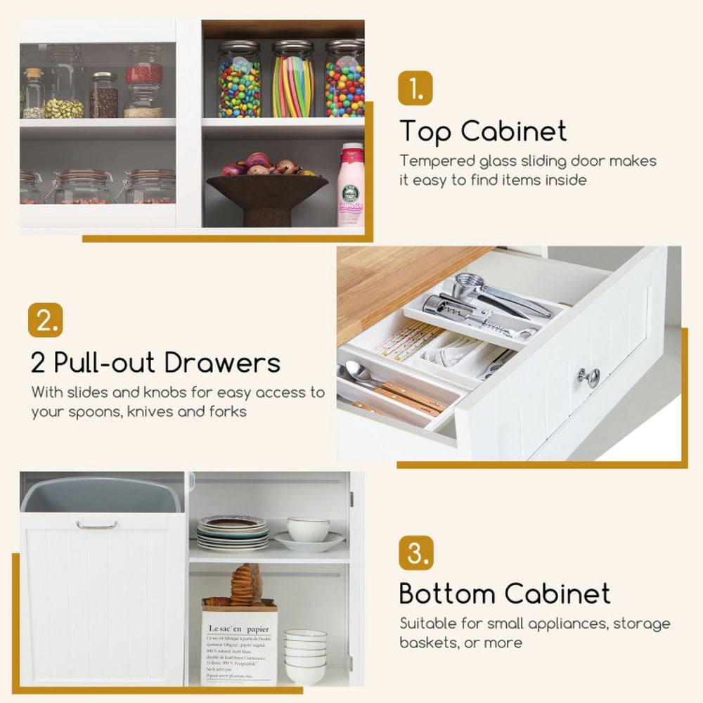 Finihen Storage Cabinet, Buffet Sideboard, Double Tilt Out Trash Cabinet with Hutch and Rubber Wood Countertop, for Dining Room, Kitchen, Bathroom, White