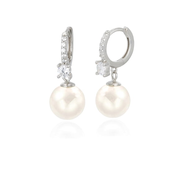 Aros Voaino de Plata 925 con Perla y Circonia Cúbica Colgantes 3 cm