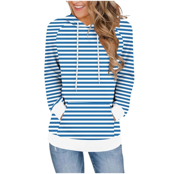 Qgtaibl Striped Hoodie Sweatshirt for Women Kangaroo Pocket Drawstring Hooded Shirts Raglan Long Sleeve Loose Fit Casual Pullover Tops Sky Blue XXL
