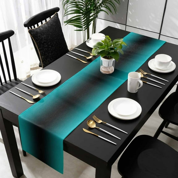 Teal Black Ombre Cotton Linen Small Table Runner 13 x 48 inch Gradient Contemporary Abstract Art Non-slip Rectangular Dining Table Decor for Wedding Party Holiday Dinner