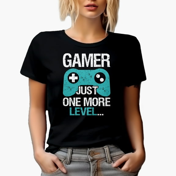 Gamer, Just One More Level with Gaming or Game Controller, Black T-Shirt, Small
