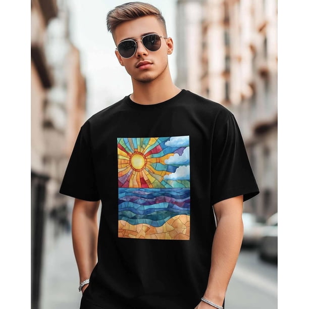 Camisetas de manga corta con diseño abstracto de sol y océano para hombre, camisetas de cuello redondo