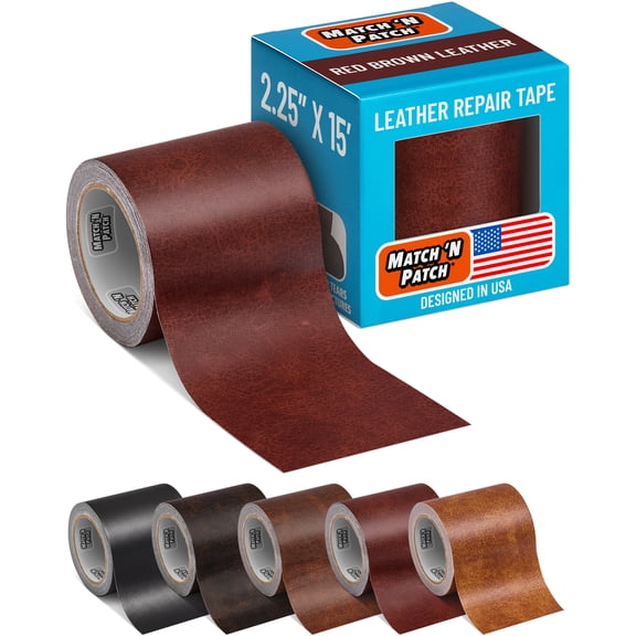 MATCH 'N PATCH Leather Repair Tape - Red Brown (2.25 inch x 15 feet) - Realistic Faux Leather Patches for Couch, Sofa, Upholstery, Car Seats & Other Furniture, Vinyl Repair Kit, Self Adhesive Patch
