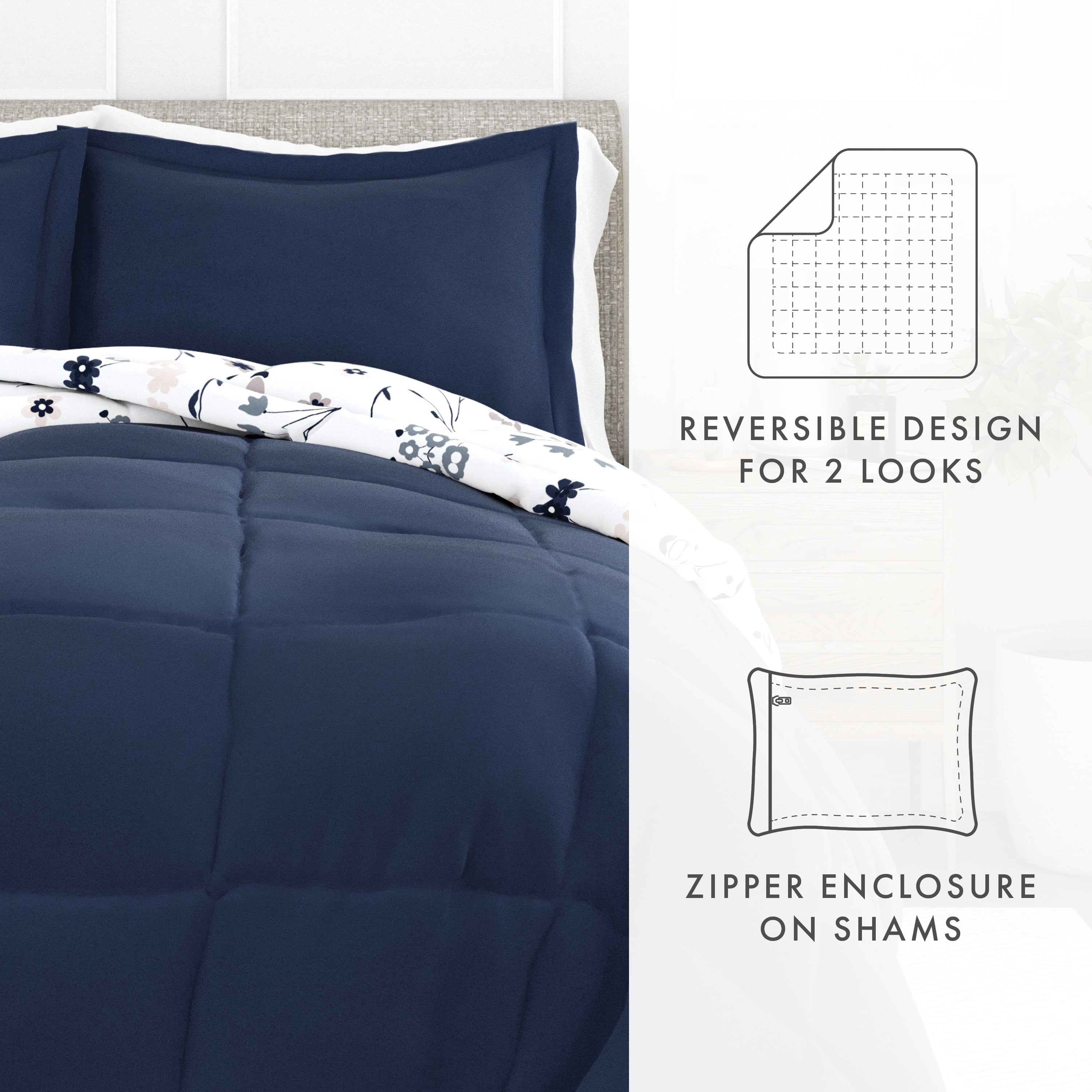 Noble Linens 3-Piece Navy Reversible Comforter Set, Full/Queen