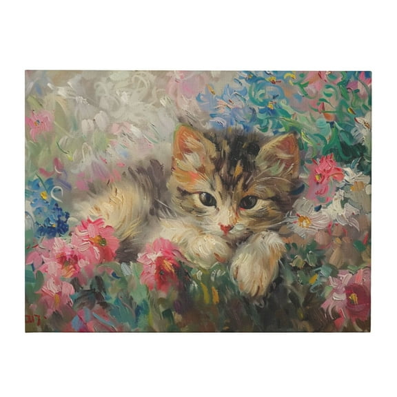 12x16 inch Lovely Cats In The Flowers Frameless Canvas Painting,Home Bathroom,Office,Study,Lounge Wall Art Decor Prints,Retro Cats In The Flowers Paintings On Canvas,Gift For Cat Lover,Garden