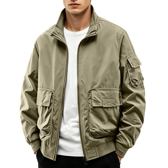 sdhkgrrt Plus Size Men's Zip Up Collared Long Sleeve Jacket Fall Winter Casual Basic Outwear Solid Trendy Work Business Coats, Khaki 4XL
