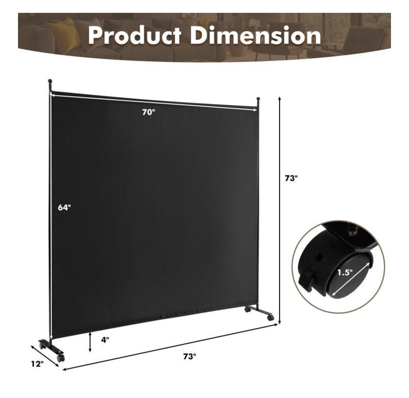 Yunken Single Panel Rolling Room Divider, 6 Ft Tall Portable Privacy Screen with Smooth Gliding Wheels