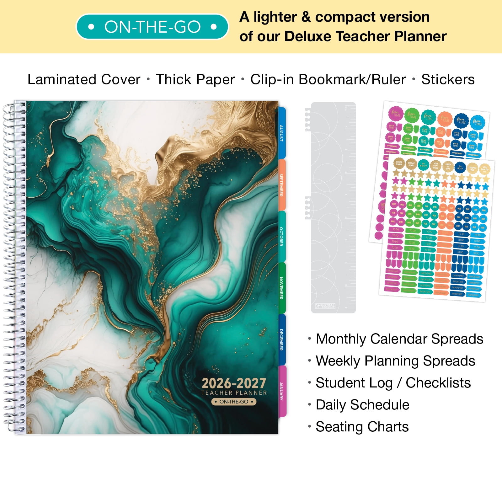 2026-2027 Excello Brands 8.5" x 11" Academic Year Teacher Planner, Weekly/Monthly, 12 Month, Teal Gold Marble