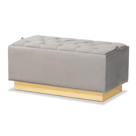 Bowery Hill Grey Velvet Fabric Upholstered and Gold PU Leather Storage Ottoman
