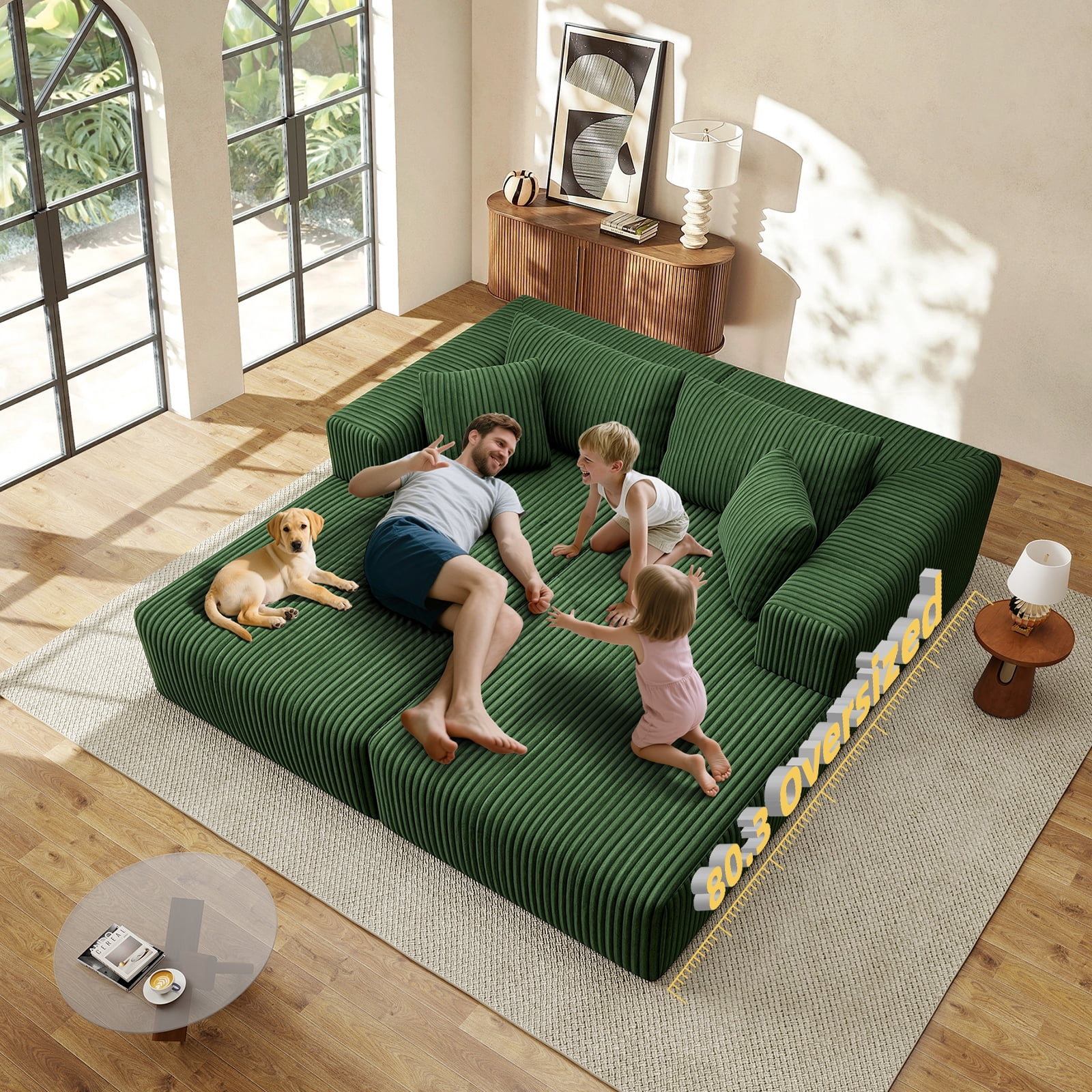 80.3" Oversized Double Lounge Chaise, Boneless Lounge Sofa Bed with 4 Pillows Cloud Loveseat Sleeper Couch for Indoor Living Room