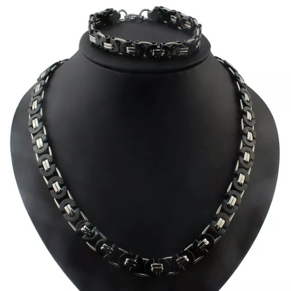 HOOUN Men's 8mm Jewelry Set stainless steel byzantine chain necklace & bracelet Set
