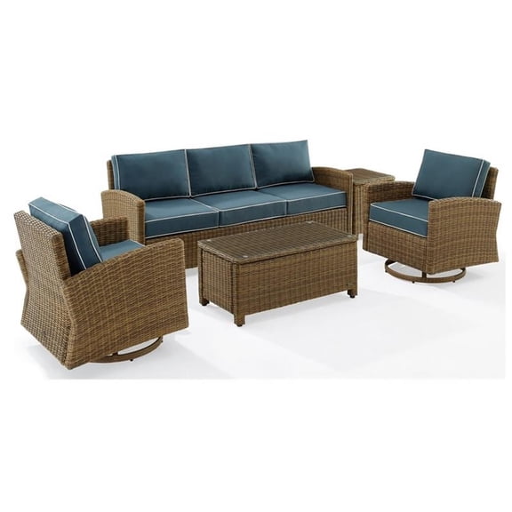 Bradenton 5Pc Swivel Rocker And Sofa Set Navy/Weathered Brown - Sofa, Coffee Table, Side Table, & 2 Swivel Rockers