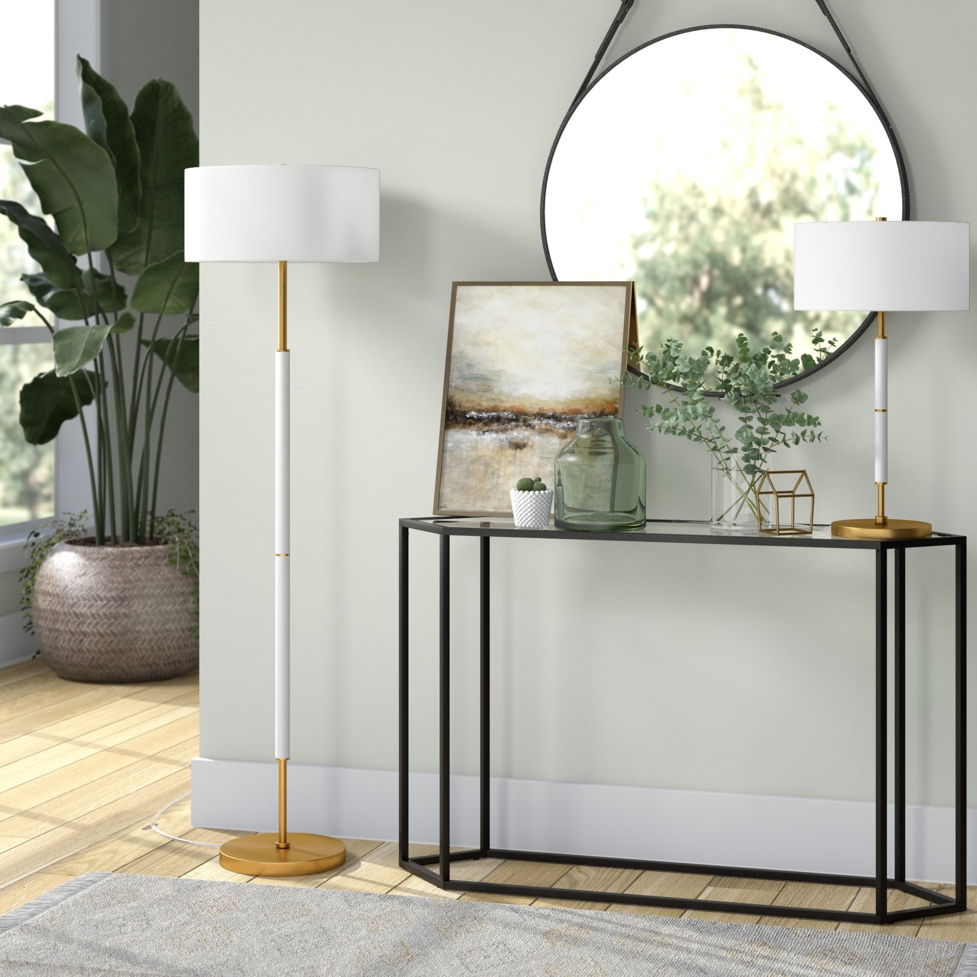 Evelyn&Zoe Simone 2-Light Floor Lamp with Fabric Shade, Matte White/Brass/White