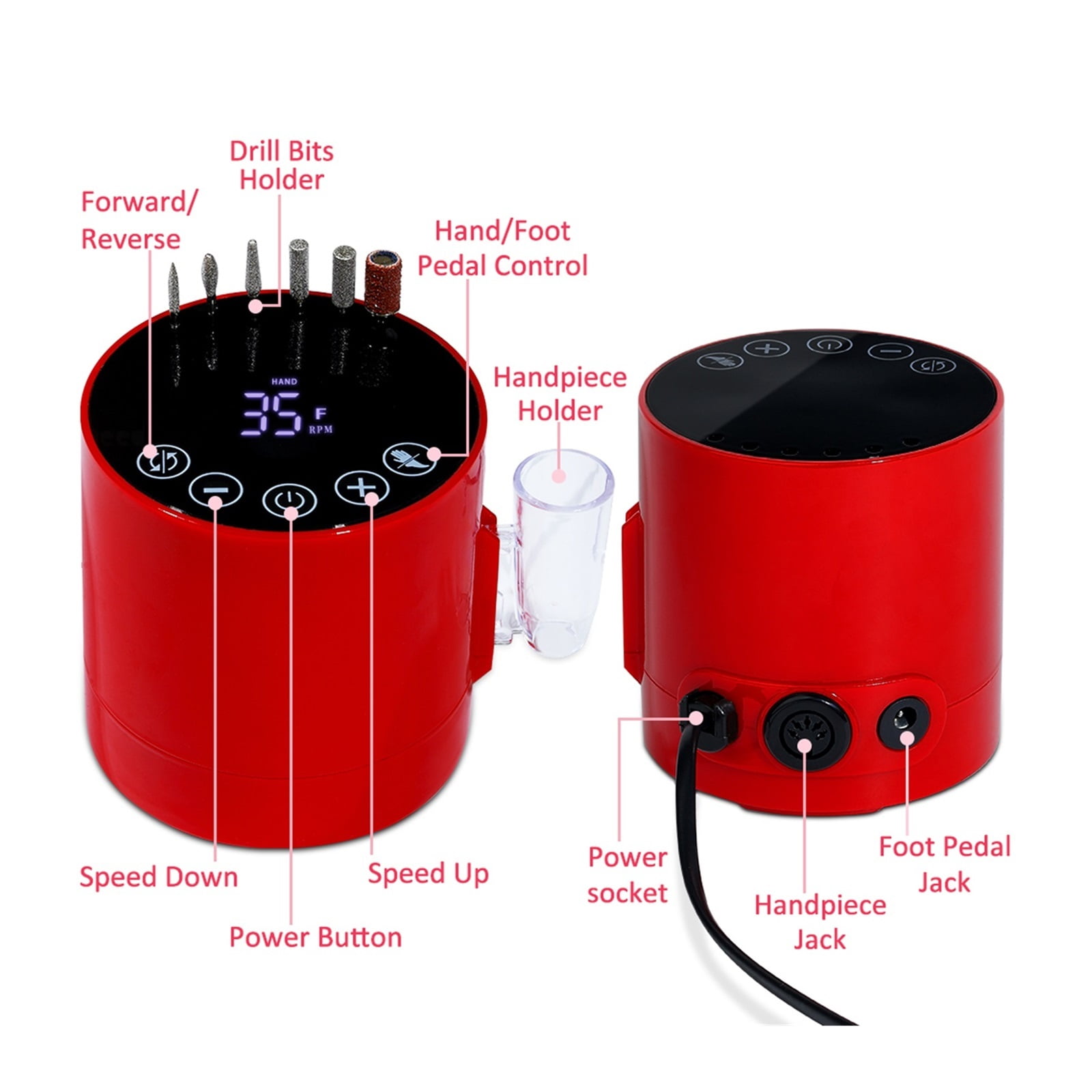 35000RPM Nail Drill Machine, Portable Nail Drill With HD Display, Professional Electric Nail File Manicure Machine With Foot Pedal ,Low Noise