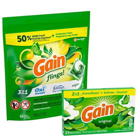Gain Flings! Liquid Laundry Detergent Soap Capsules 3 in 1:Oxi Boost-Frebreze-Original(16 Count) + 15 Dryer Sheet Pack