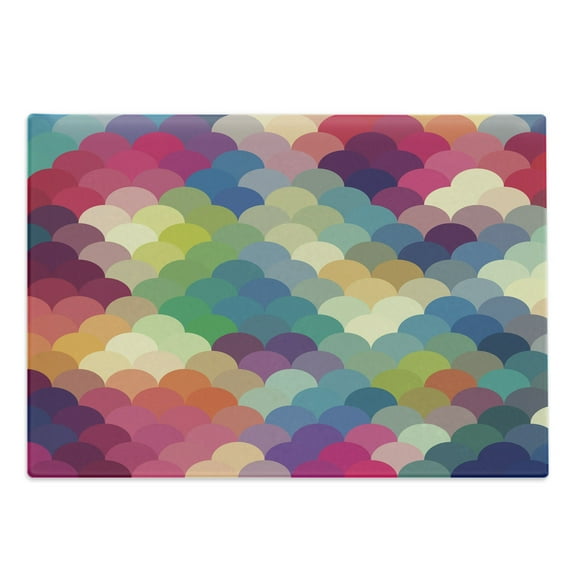 Abstract Cutting Board, Colorful Retro Style Scales Inspired Wave Pattern Overlapping Circles Dots Tile, Decorative Tempered Glass Cutting and Serving Board, Large Size, Multicolor, by Ambesonne