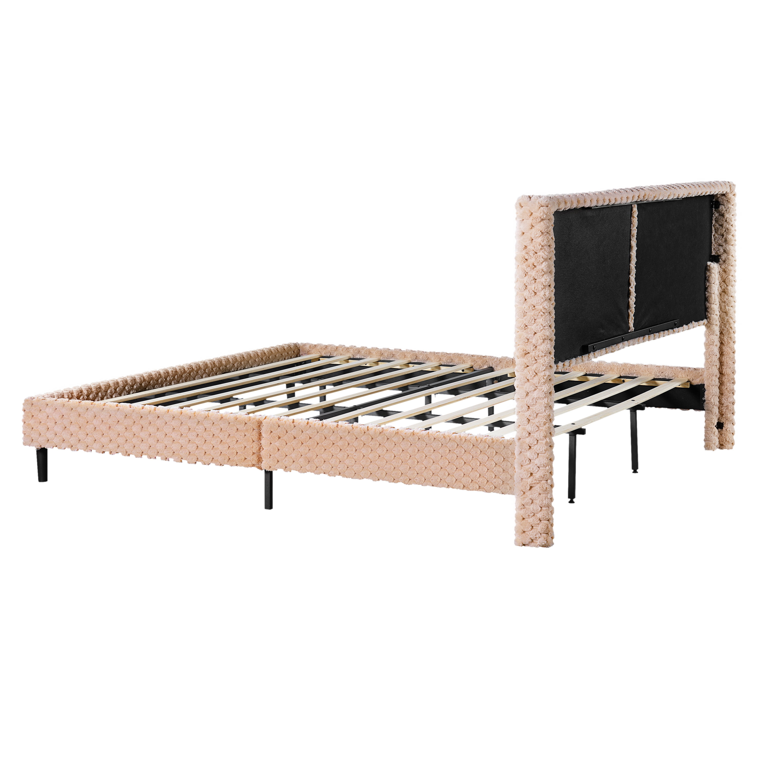 Mintazer King Size Upholstered Platform Bed Frame with Wingback Headboard, Textured Plush Fabric Bed with Metal Support, No Box Spring Needed, Camel