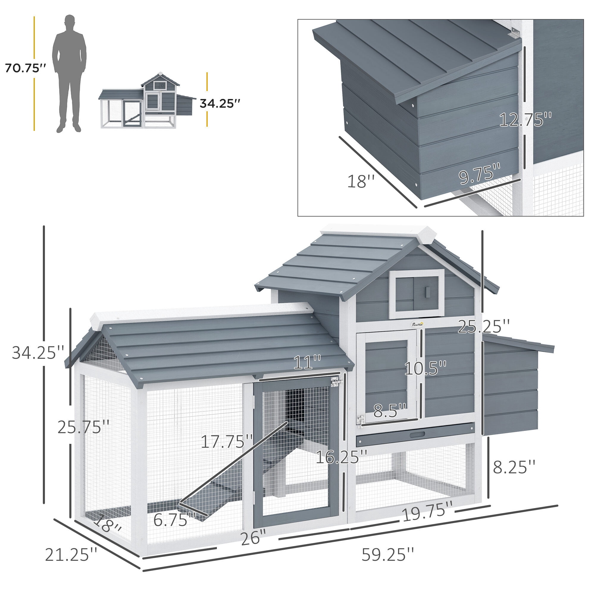 Dog Crate, PawHut 59" Small Wooden Chicken Coop Hen House Poultry Cage for Outdoor Backyard with 2 Doors, Nesting Box and Removable Tray, White, White Pet Playpen,Wood Chicken Coop