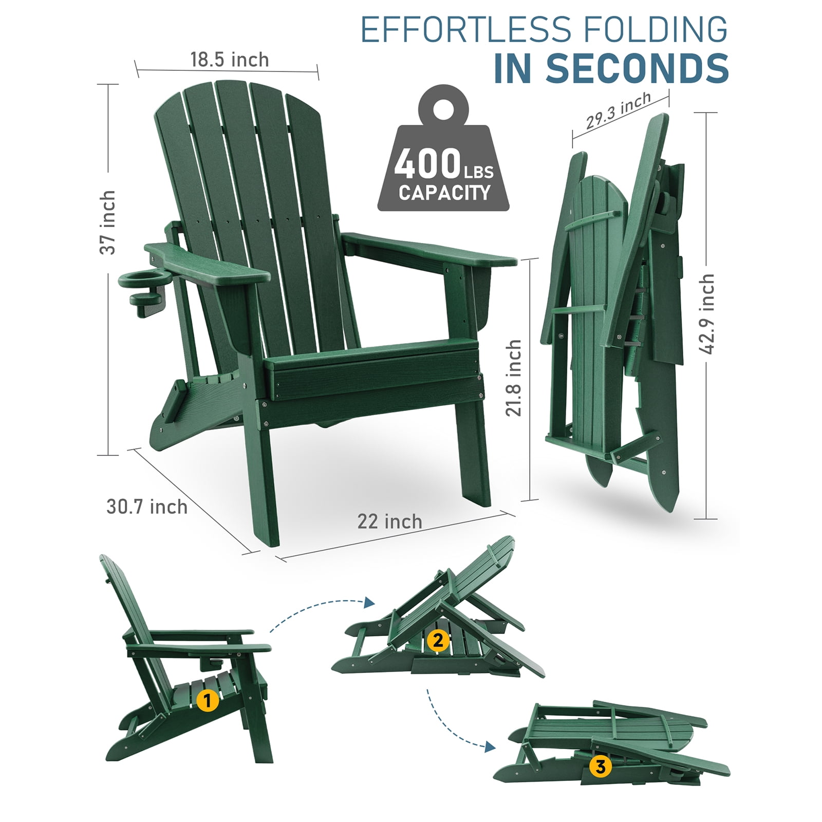 HDPE Folding Adirondack Chair with Cup Holder,Weather-Resistant, Low Maintenance,Supports up to 400lbs,Green
