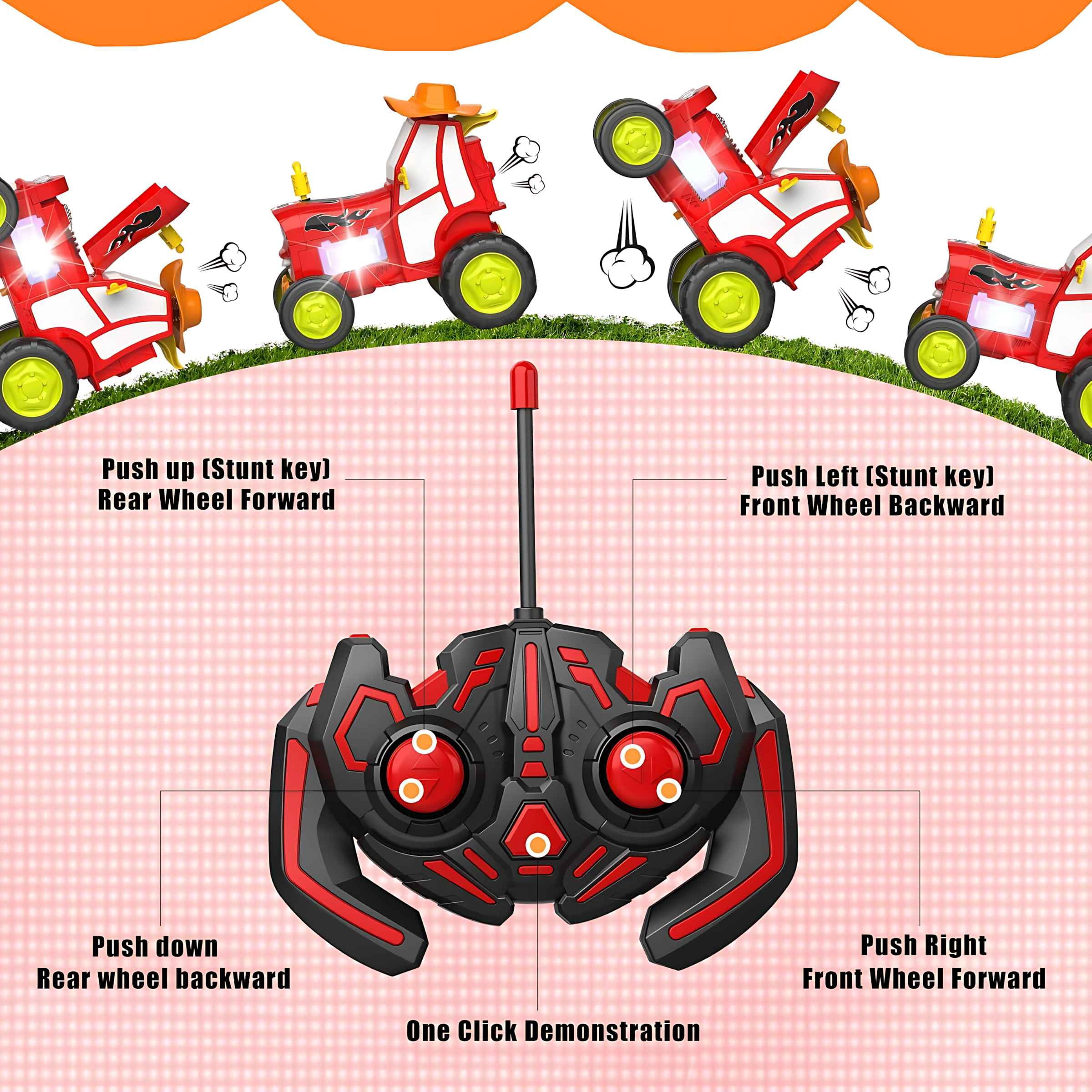 Remote Control Jumping Car, 2.4GHz RC Stunt Tractor Toy with Music and LED Lights, Rechargeable Dancing Car Gift for Kids Boys Girls, Ages 3