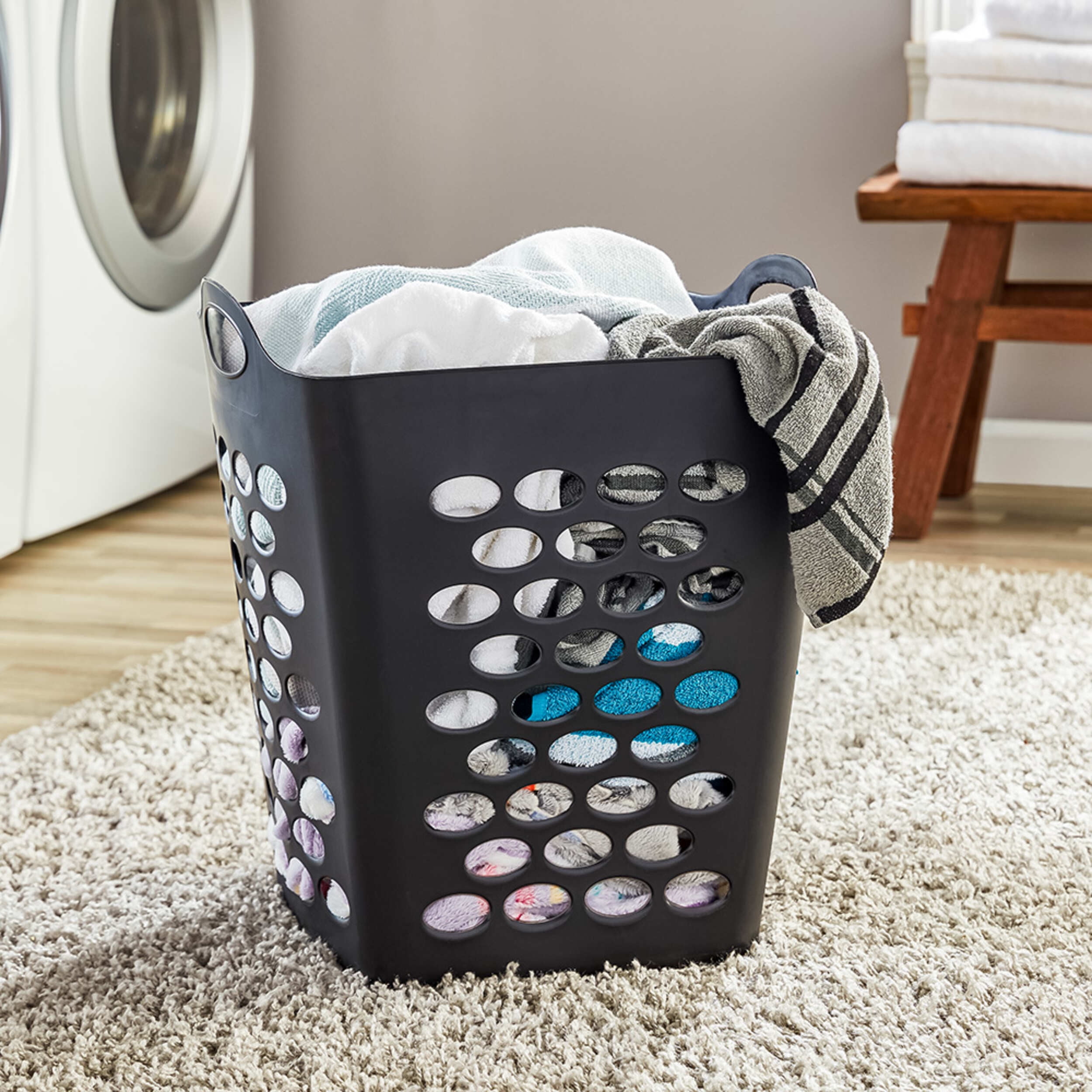 Mainstays 1.6 Bushel Flexible Square Plastic Laundry Hamper, 3 Pack, Black