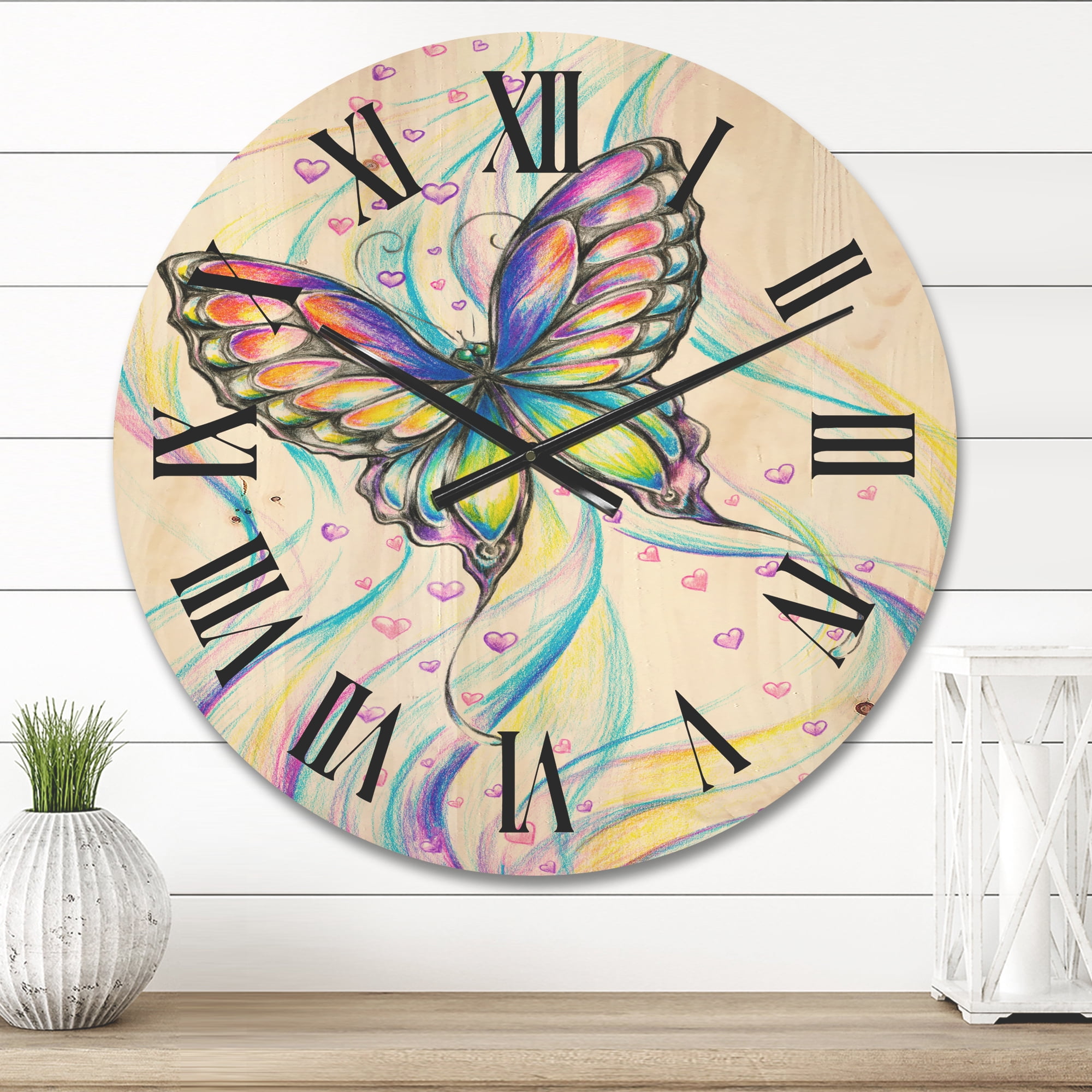 Designart 'Iridiscent Colorful Butterfly' Traditional Wood Wall Clock