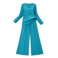 thumbnail image 4 of BRELIL Women Plus Size Two Piece Set V Neck Long Sleeve Top Wide Leg Pants Casual Lounge Matching Outfits Solid Boho Vacation Travel Loungewear, Blue 2XL, 4 of 5