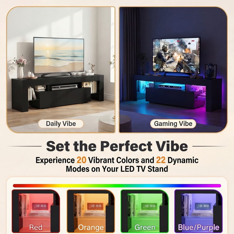 Lacoo 70" LED TV Stand for 70 Inch TV, Modern Media Console with 2 Extra Deep Drawers and RGB Light Strip, Gaming Entertainment Center with Open Glass Shelves