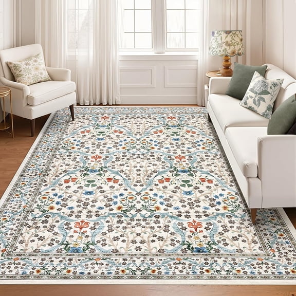 5x7 Floral Botanical Area Rug, Non Slip Washable Low Pile Stain Resistant Living Room Bedroom Carpet,Beige