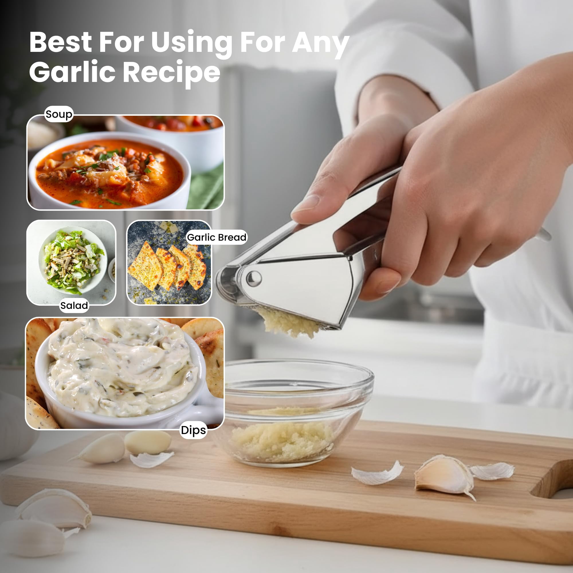 Garlic Press Stainless Steel - Heavy Duty No-peel & Mincer  High Capacity Chamber Rust-free 304 Easy Clean Dishwasher Safe Clove Hand