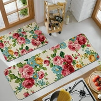 Kitchen Mats for Floor Set of 2 Pieces Kitchen Rugs and Mats Non Skid Washable Kitchen Floor Mat (Pink Red Roses Floral), 17''x47'' 17''x30''