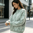 thumbnail image 3 of Dweltoz Women's Oversized Argyle Sweater Crew Neck Long Sleeve Knit Pullover Top Loose Fit Preppy Casual Fall Winter Clothes,Light Green S, 3 of 4