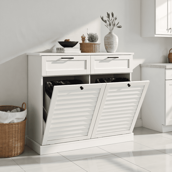 Double Tilt Out Laundry Hamper Cabinet, 30 Gallon Trash Can Cabinet with Shutter Front & 2 Drawers, Hidden Garbage Can Bin Cabinet with 2 Laundry Storage Baskets for Bathroom, Kitchen (White, Double)