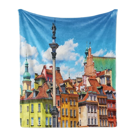 Travel Soft Flannel Fleece Throw Blanket, Scenic Summer Castle Square Sigismund Column Old Town in the Warsaw Poland, Cozy Plush for Indoor and Outdoor Use, 50" x 70", Multicolor, by Ambesonne