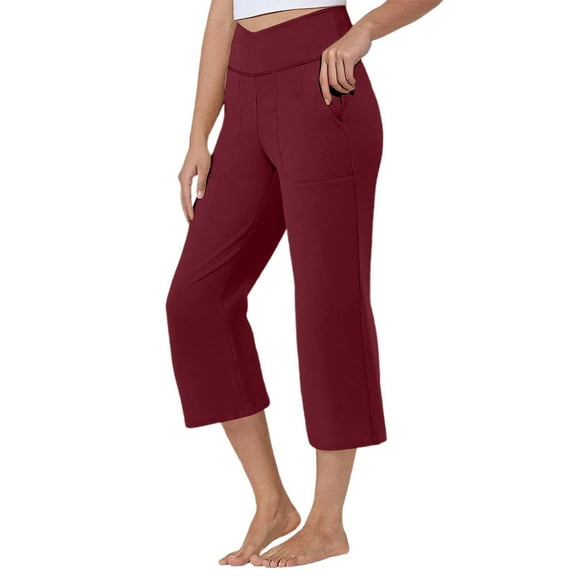 FYEGRE Women's Casual Bottoms Women's High Waist Cropped Casual Pants for Daily Wear Yoga Comfort and Summer Style with Soft Stretch Fabric Ideal Red XL