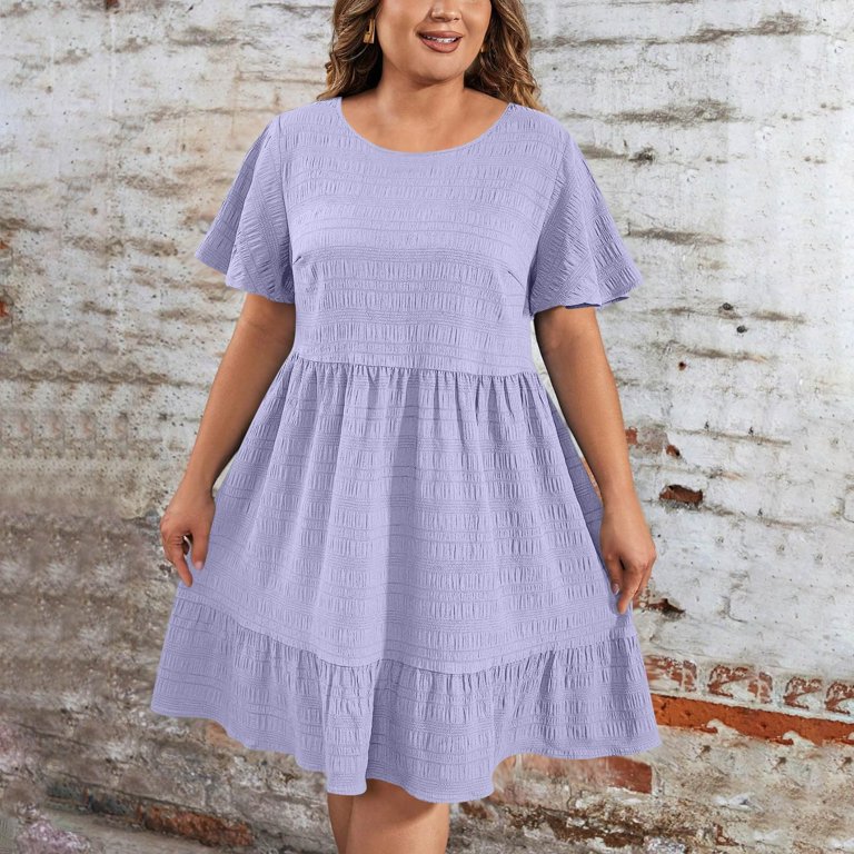 Tianiyouqing Midi Cute Dresses for Women Oversized Plus Size Short Sleeve  Loose Midi Dresses Cotton Linen Ruffle Tiered Layered Birthday Pleated  Dresses Light Purple 2XL - Walmart.com
