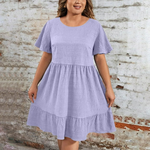 Tianiyouqing Sundresses for Women Over 50 Oversized Cotton Linen Short Sleeve Evening Pleated Dresses Plus Size Crew Neck Ruffle Tiered Layered Lightweight Beach Dresses Light Purple 3XL