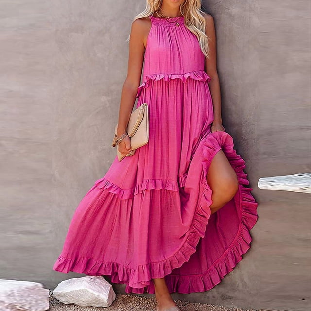2024 Été Nouvelle Robe Gâteau Irrégulière Oversize Unie Longue Robe Femme Été Décontractée à Volants Robe de Plage Dames Élégante Robe de Soirée Été