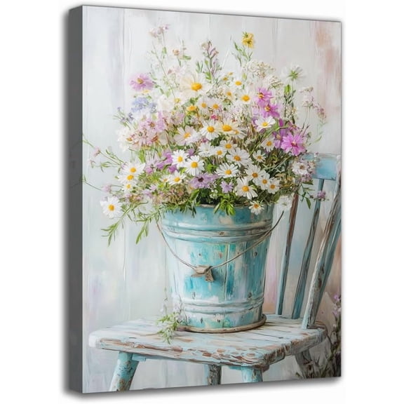 Rustic Floral Canvas Wall Art Print - Framed Pink Wildflower Picture on Country Chair Wall Decor for Room, Home Decor for Farmhouse Living Room Bedroom (8W X 12L)