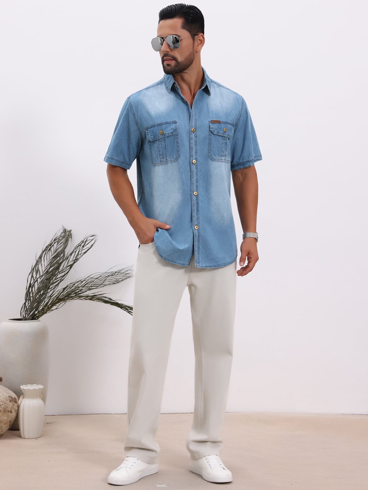 DARING DIVA Men's Denim Chest Pockets Western Retro Short Sleeve Shirts L Light Blue