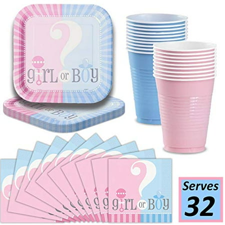 Gender Reveal Decorations Kit For Party: Plates, Cups, Napkins - Serves 32-9