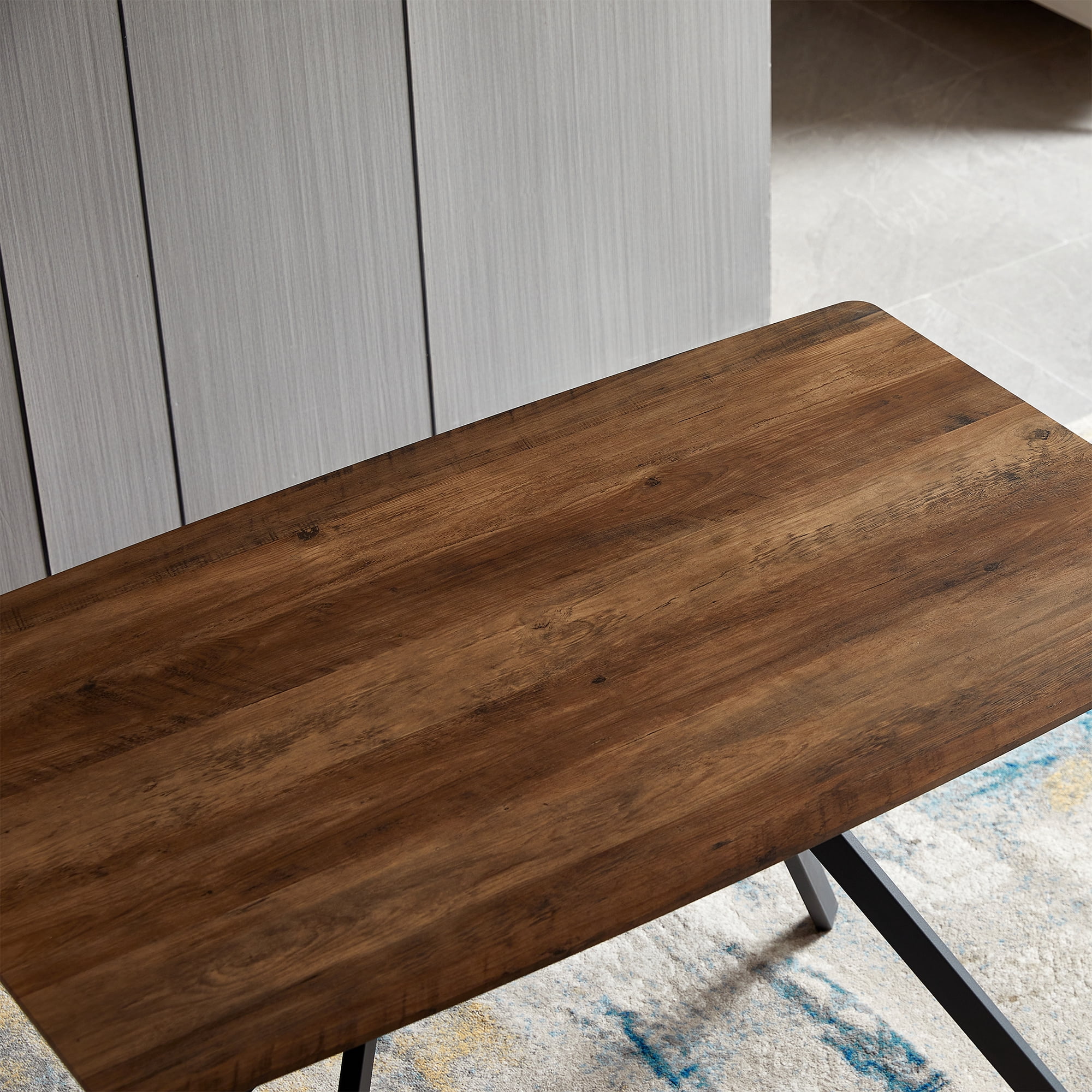 Dining Table, MDF Wooden Top Black Metal Shelf Metal Heat Transfer Legs Leveling Feet For Dining Room Kitchen Office Table