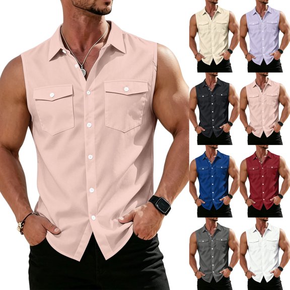 Mens Summer Shirt Button Down Breathable Collared Sleeveless Top Casual Lightweight Cotton Linen Tank Tops Dressy (XXL,Pink)