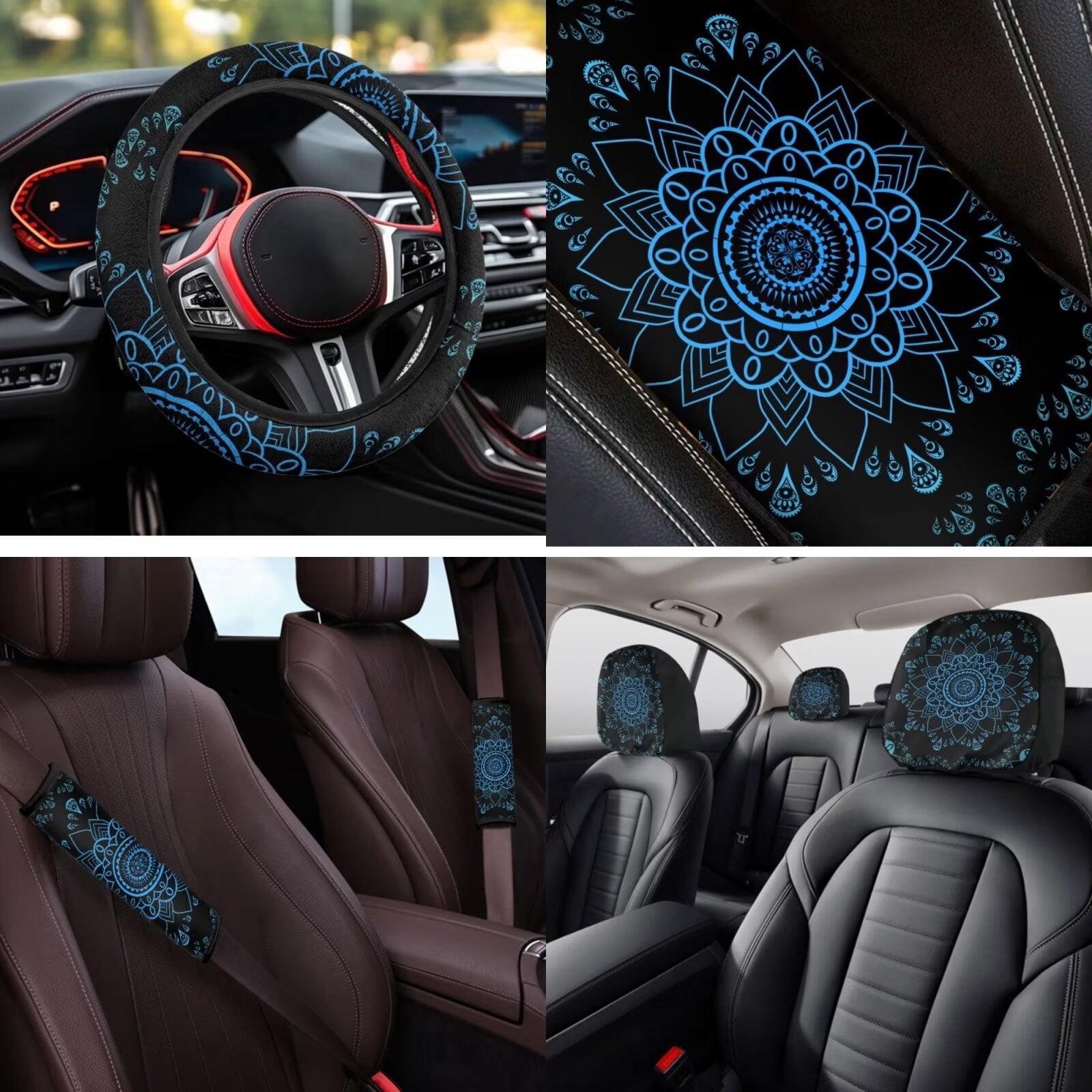 Garronmavis Blue Mandala 14 Pcs Car Seat Covers Set with Headrest Protector Car Steering Wheel Cover Auto Armrest Cover and Car Seat Belt Covers Easy to Install Universal Cars SUV Accessories